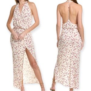 Free People M Daria Open Back Front Slit Maxi Halter Dress Ivory Combo